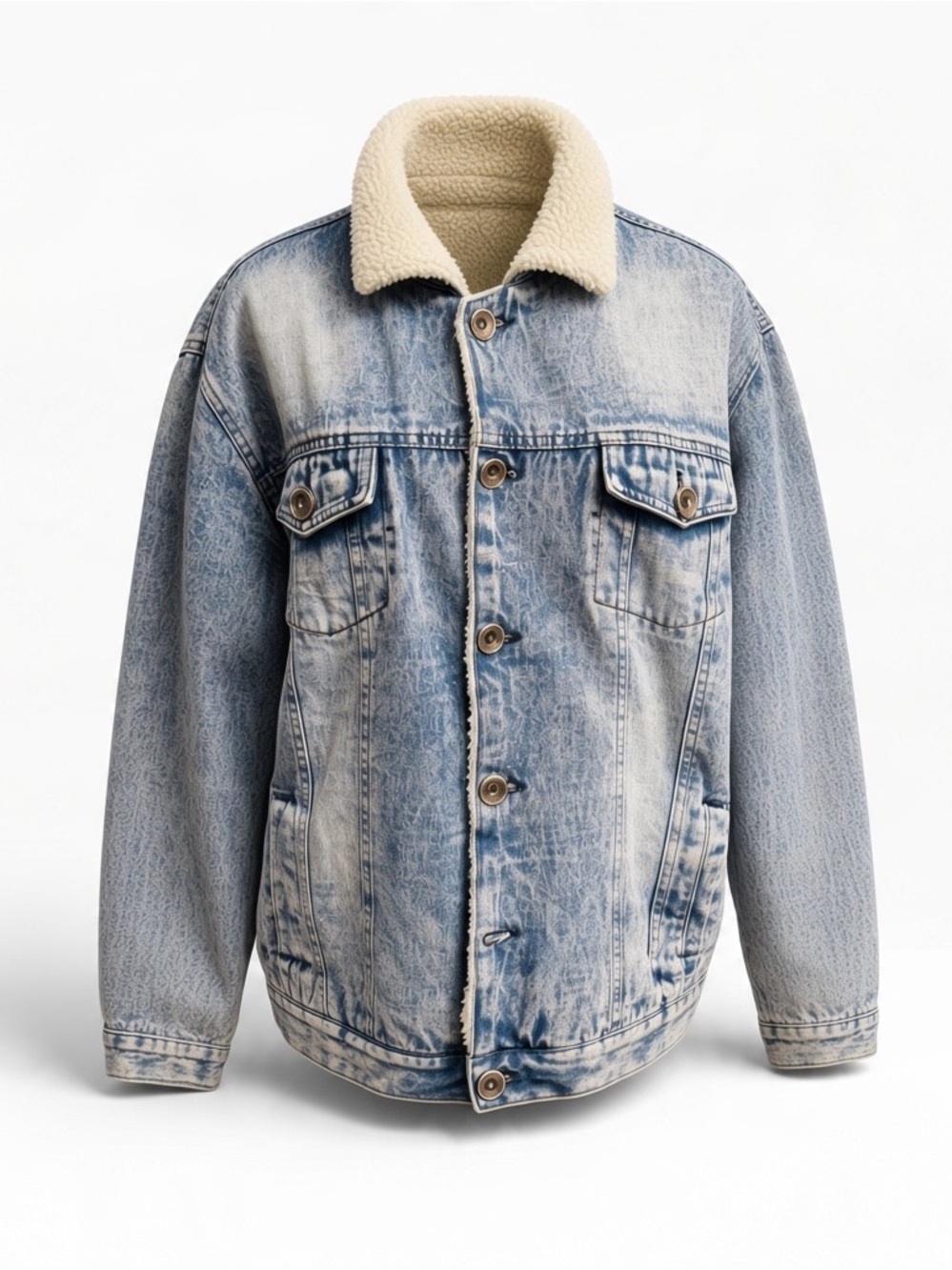 DNM Collection Men’s Sherpa Lined Acid Wash Denim Jacket – Size Large